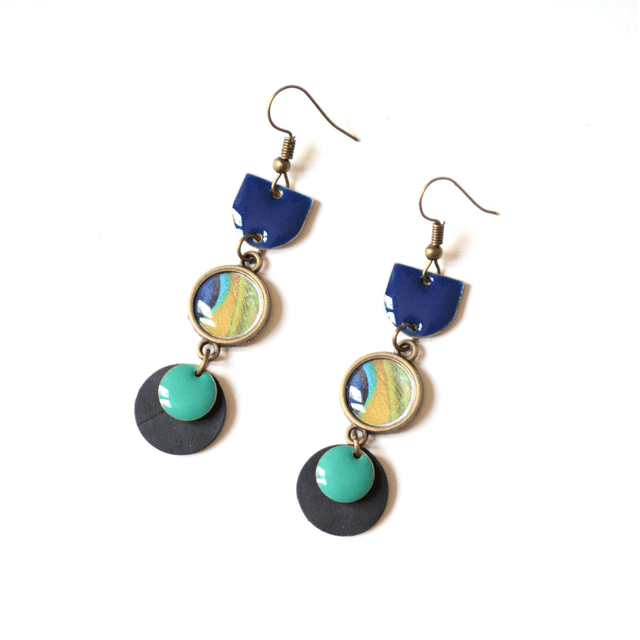 Boucles d'Oreilles Upcyclées en Chambre à air & Papier Recyclés - Paon 
