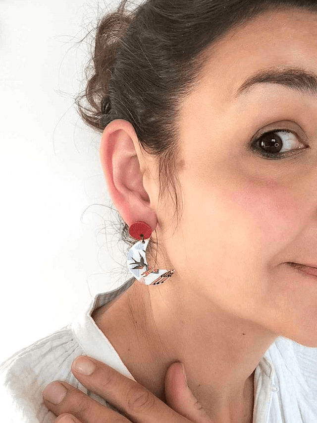 Boucles d'Oreilles Lunes Minimalistes en Carte de Tarot & chutes de Cuir Recyclées - Oiseau Sacré