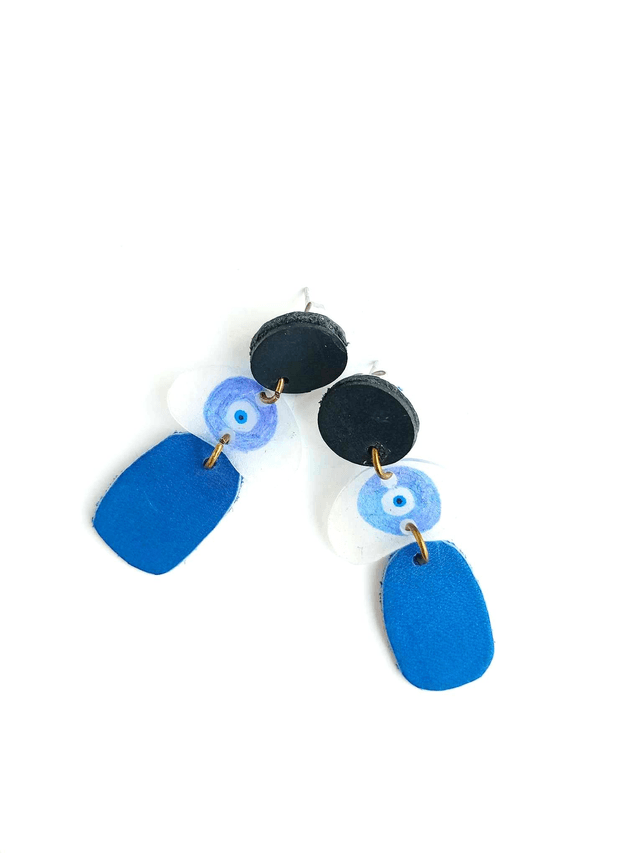 Boucles d'Oreilles Inspiration Années 70 - CUIR, CHAMBRE à AIR et PLASTIQUE FOU - Œil Turque - Pièces Artisanales et Uniques