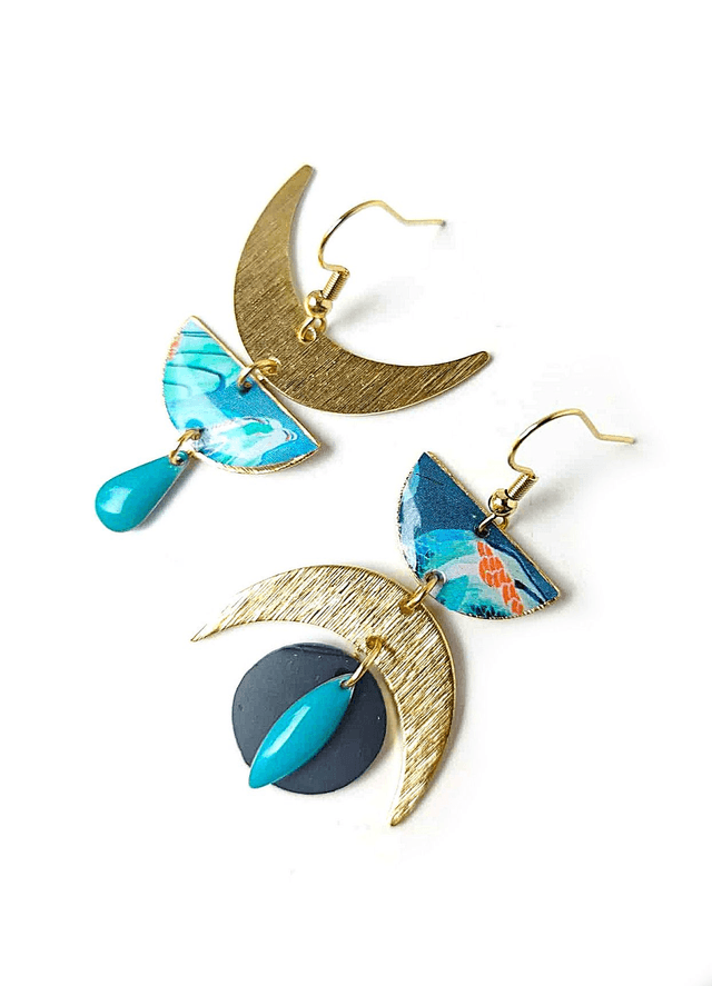 Boucles d'oreilles Asymétriques Upcyclées en Chambre à Air et Papier Recyclés - Croissants Lune 