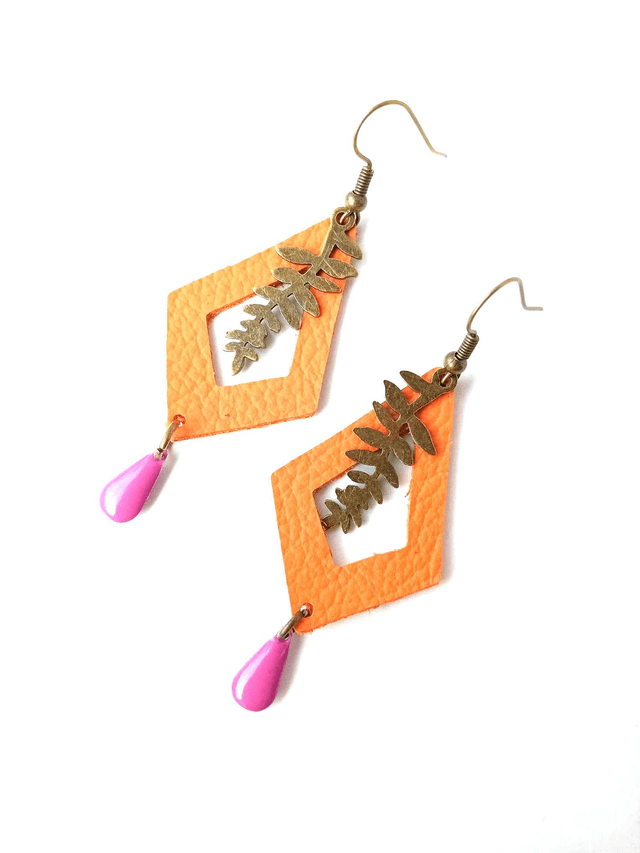 BO Médiévales Feuille - CUIR RECYCLÉ - Orange et violet - Pièces Artisanales et Uniques 