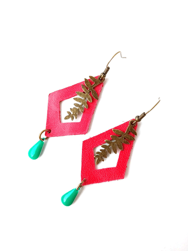 BO Médiévales Feuille - CUIR RECYCLÉ - Rouge et turquoise - Pièces Artisanales et Uniques 