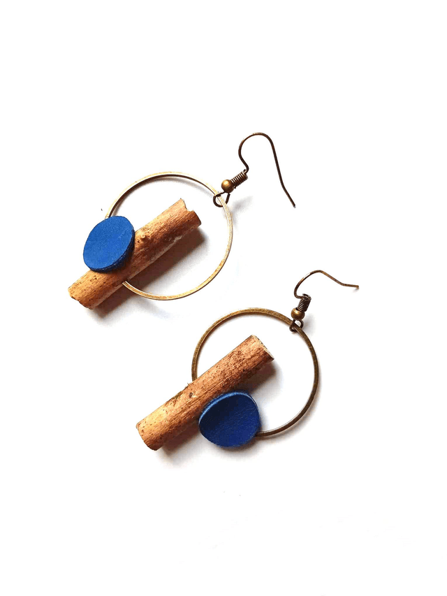 Boucles d'Oreilles Upcyclées en Cuir Recyclés et Bois Auvergnat - Géométriques Naturelles