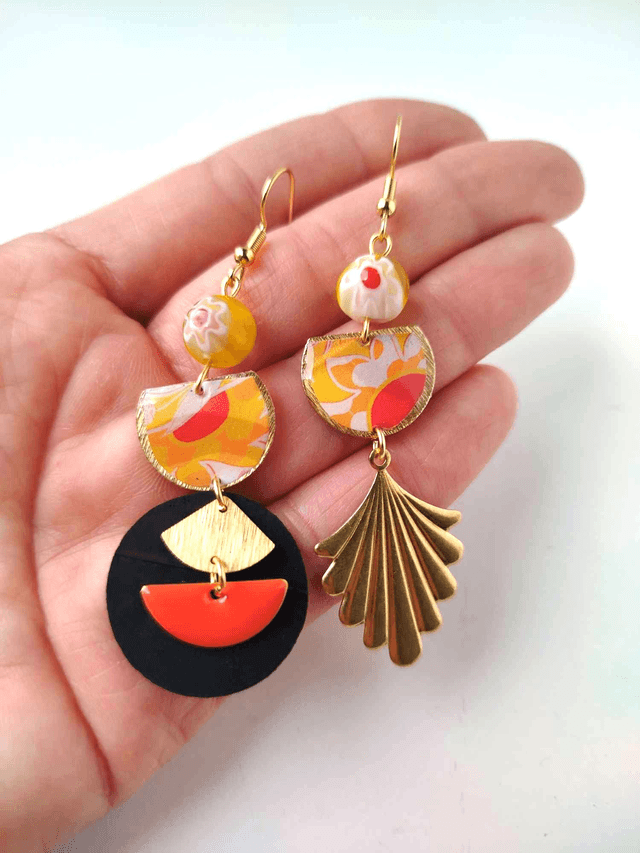 Boucles d'oreilles Asymétriques Upcyclées en Chambre à Air et Papier Recyclés & Verre de Murano - Acidulées