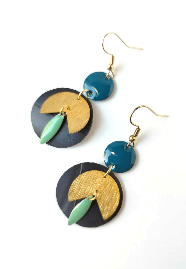 Boucles d'Oreilles Asymétriques Upcyclées  en Chambre à air Recyclée - Bleu canard