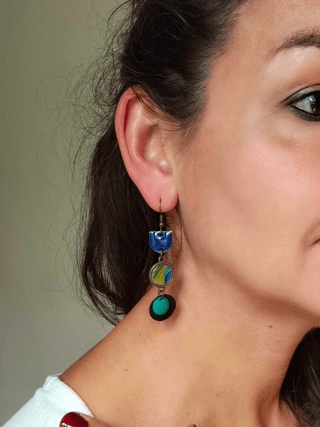 Boucles d'Oreilles Upcyclées en Chambre à air & Papier Recyclés - Paon 