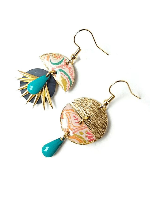 Boucles d'oreilles Asymétriques Upcyclées en Chambre à Air et Papier Recyclés - Florales