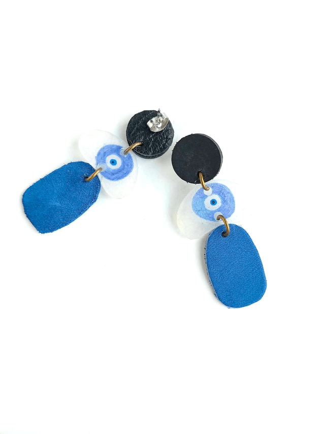 Boucles d'Oreilles Inspiration Années 70 - CUIR, CHAMBRE à AIR et PLASTIQUE FOU - Œil Turque - Pièces Artisanales et Uniques