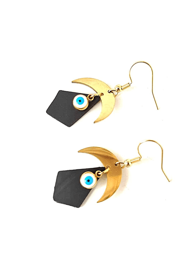 Boucles d'Oreilles Upcyclées en Chambre à Air et Acier Inoxydable Doré - Œil protecteur 