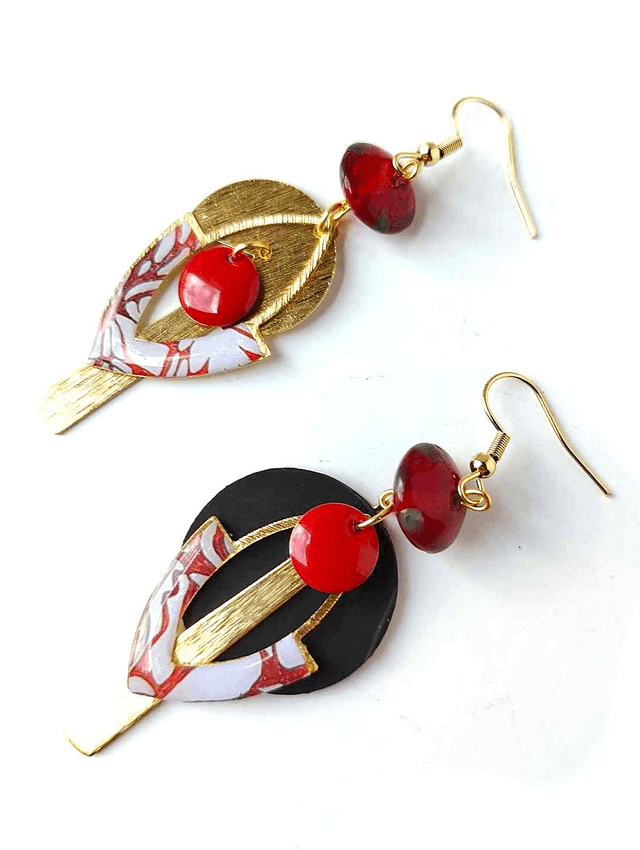 Boucles d'oreilles Asymétriques Upcyclées en Chambre à Air et Papier Recyclés & Verre de Murano - Rouges