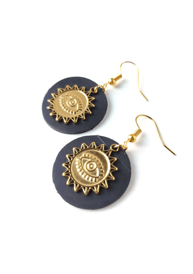 Boucles d'Oreilles Upcyclées en Chambre à Air et Acier Inoxydable Doré - Œil Protecteur