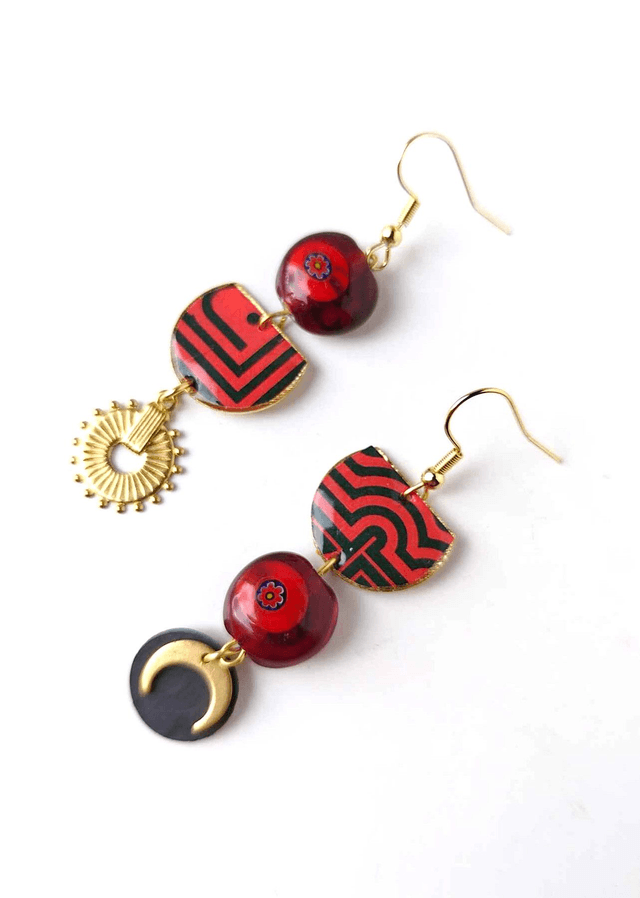 Boucles d'oreilles Asymétriques Upcyclées en Chambre à Air et Papier Recyclés & Verre de Murano - Ethniques