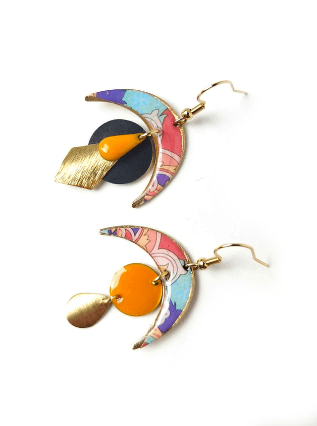 Boucles d'oreilles Asymétriques Upcyclées en Chambre à Air et Papier Recyclés - Croissants Lune