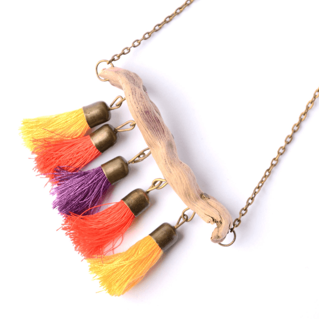 Collier Création Bois Flotté & Pompons - Pièce Artisanale et Unique