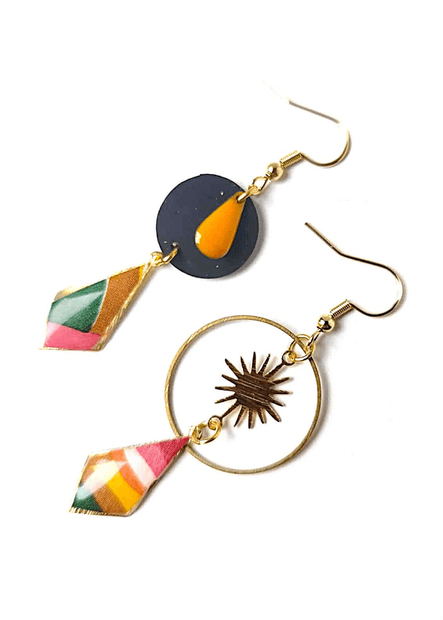 Boucles d'oreilles Asymétriques Upcyclées en Chambre à Air et Papier Recyclés - Solaires