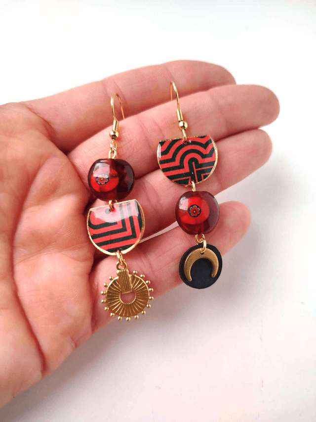 Boucles d'oreilles Asymétriques Upcyclées en Chambre à Air et Papier Recyclés & Verre de Murano - Ethniques