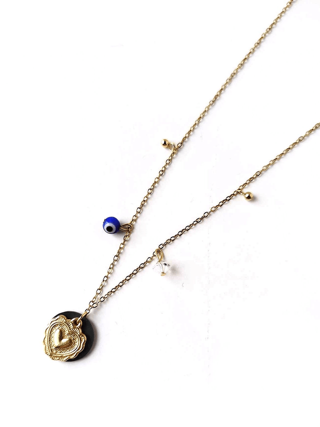 Chaîne avec Pendentif Upcyclé en CHAMBRE à AIR RECYCLÉE et Breloques dorées - Amour