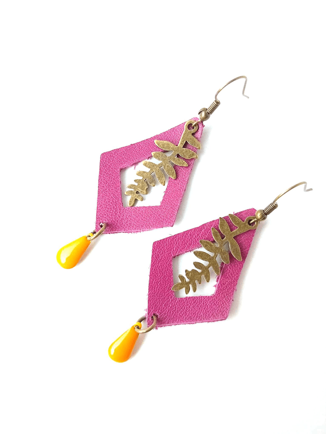 BO Médiévales Feuille - CUIR RECYCLÉ - Violet et jaune - Pièces Artisanales et Uniques 