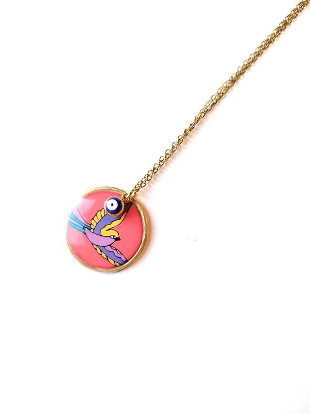 Chaîne avec Pendentif Upcyclé en Carte de Tarot Recyclée - Oiseau sacré