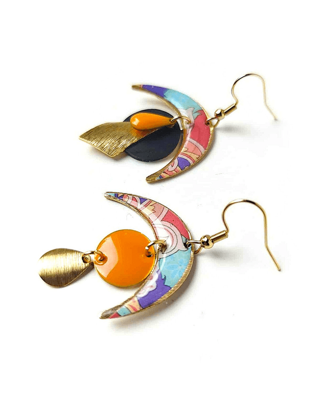 Boucles d'oreilles Asymétriques Upcyclées en Chambre à Air et Papier Recyclés - Croissants Lune