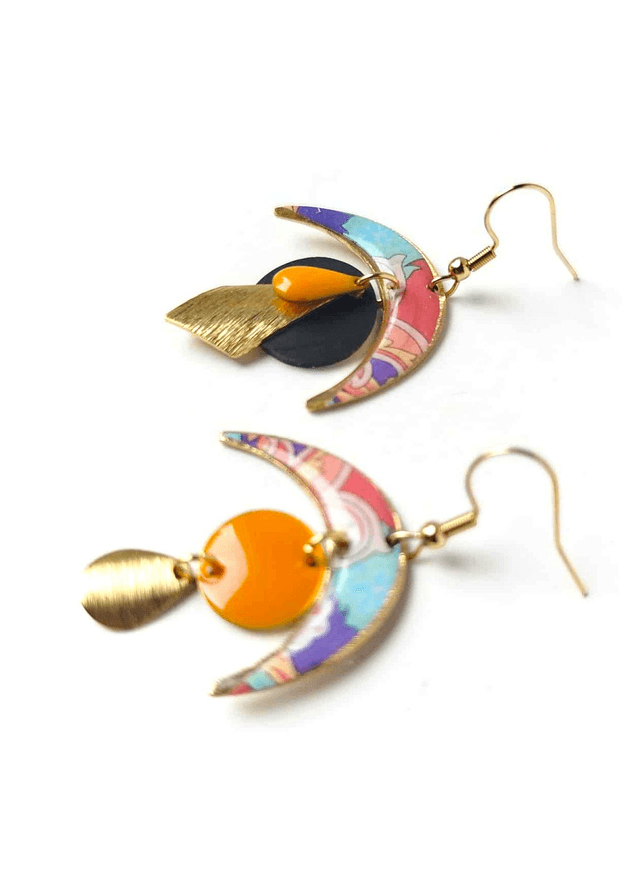 Boucles d'oreilles Asymétriques Upcyclées en Chambre à Air et Papier Recyclés - Croissants Lune