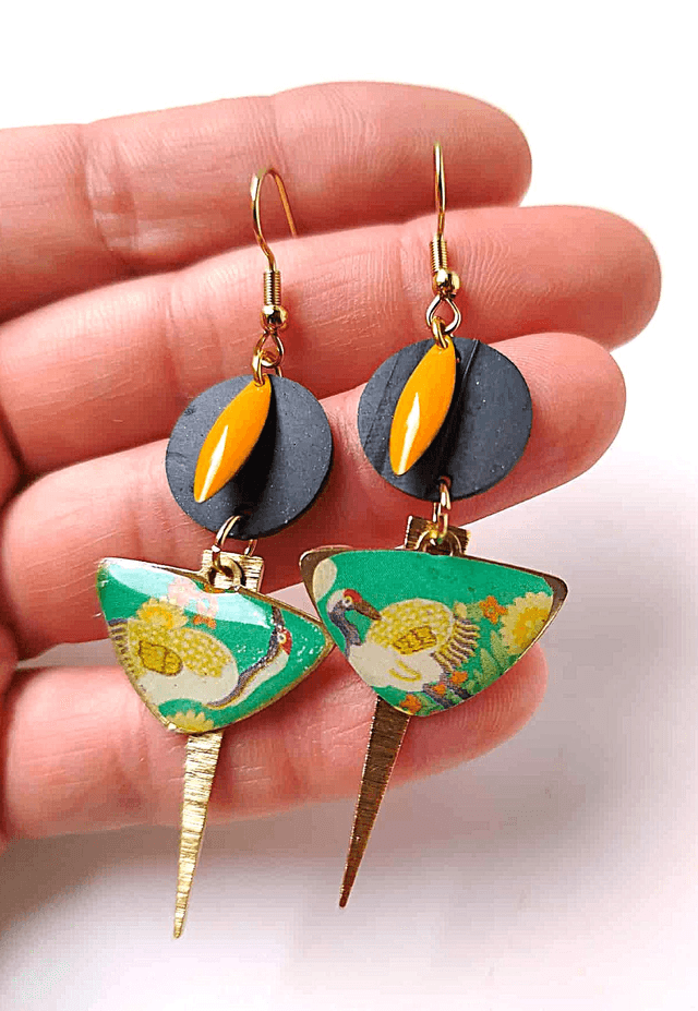 Boucles d'oreilles Upcyclées en Chambre à Air et Papier Recyclés - Grues asiatiques