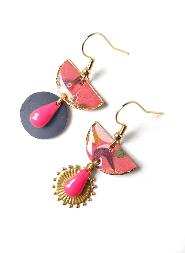Boucles d'oreilles Asymétriques Upcyclées en Chambre à Air et Papier Recyclés - Crues asiatiques