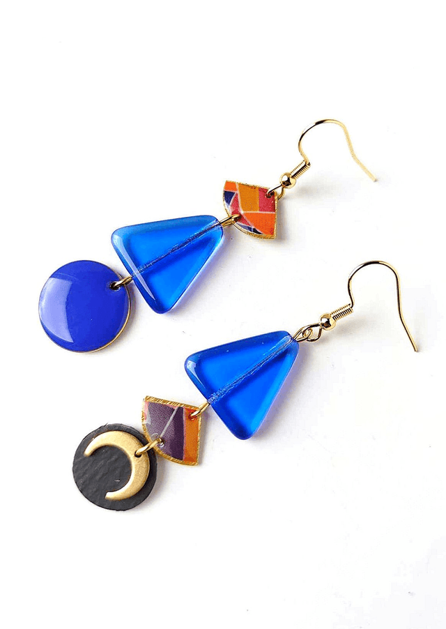 Boucles d'oreilles Asymétriques Upcyclées en Chambre à Air et Papier Recyclés & Verre de Murano -Bleu Roi