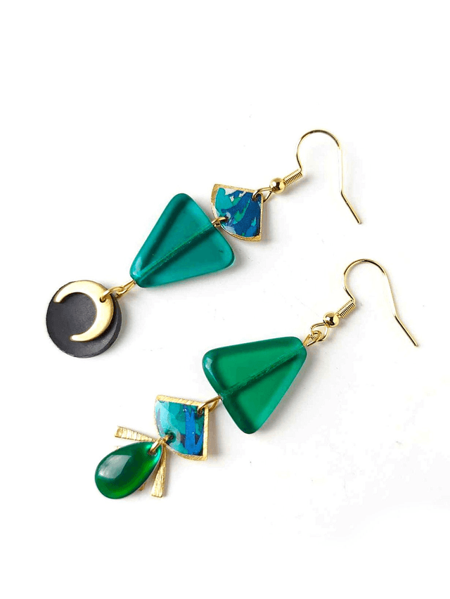 Boucles d'oreilles Asymétriques Upcyclées en Chambre à Air et Papier Recyclés & Verre de Murano - Vert émeraude