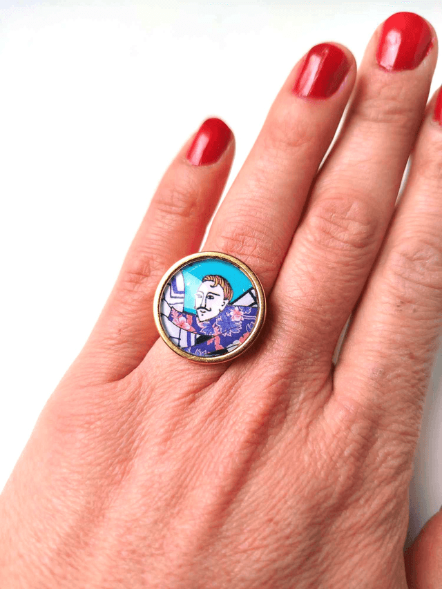 Bague Upcyclée Carte de Tarot Recyclée - Homme à moustache