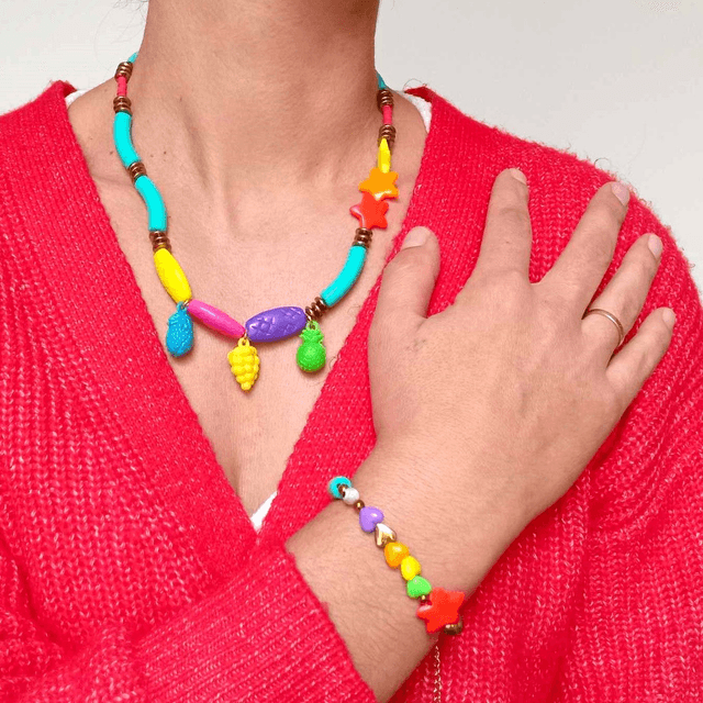 Collier 90's Flashy éco-responsable - PERLES vintage RECYCLÉES années 90 - Multicolore - Pièce Unique