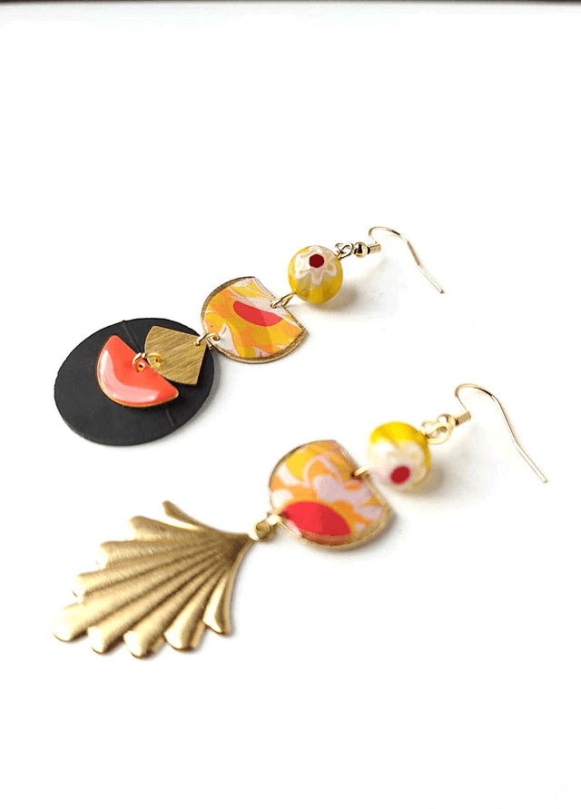 Boucles d'oreilles Asymétriques Upcyclées en Chambre à Air et Papier Recyclés & Verre de Murano - Acidulées