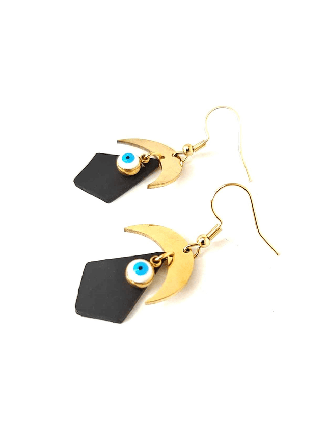 Boucles d&#039;Oreilles Upcyclées en Chambre à Air et Acier Inoxydable Doré - Œil protecteur 